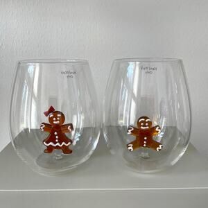 NEIMAN MARCUS Gingerbread Man Stemless Wine Glass Set of 2 Holiday Barware NEW